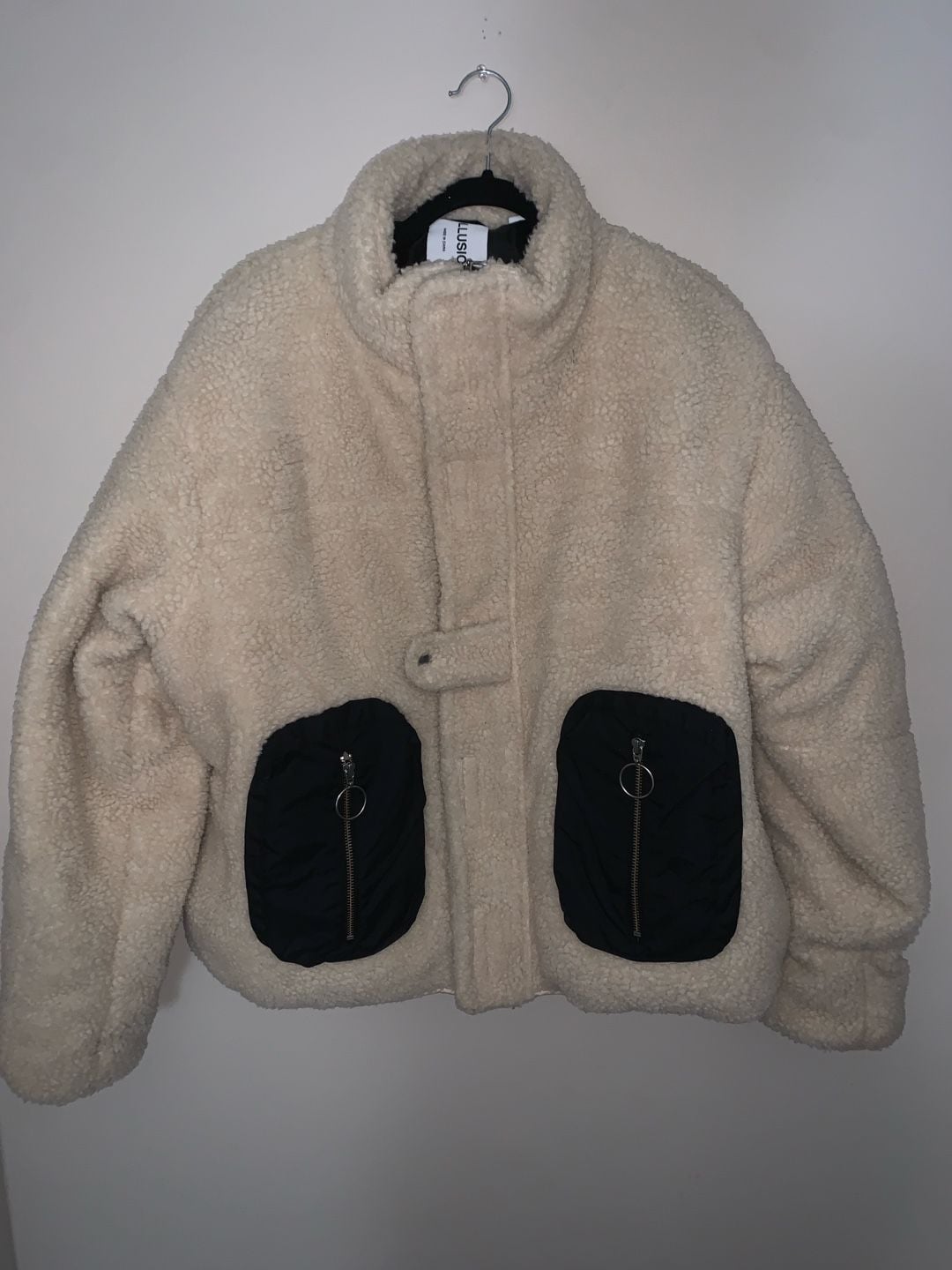 Collusion Cream Teddy Oversized Faux Shearling Jacket With Contrast Pockets